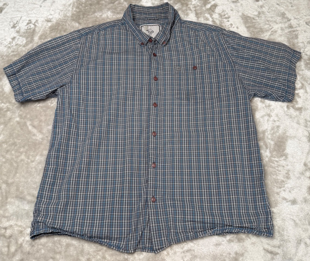 Prana Blue Gray Plaid 100% Organic Cotton Short Sleeve Button Shirt Mens Size XL
